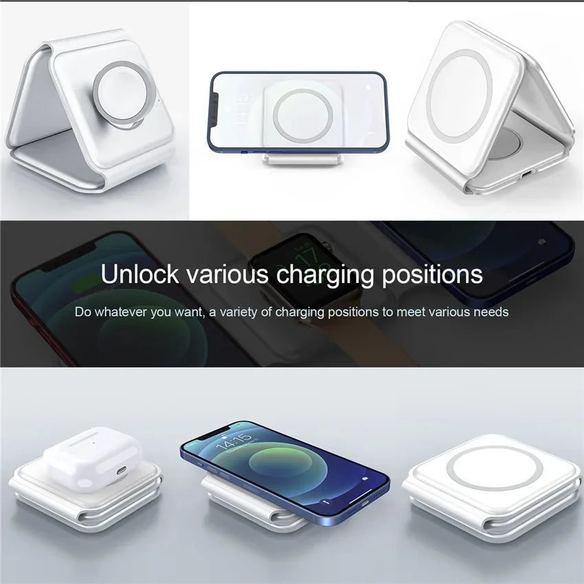 Multiple views of a wireless charging stand with text indicating various charging positions.