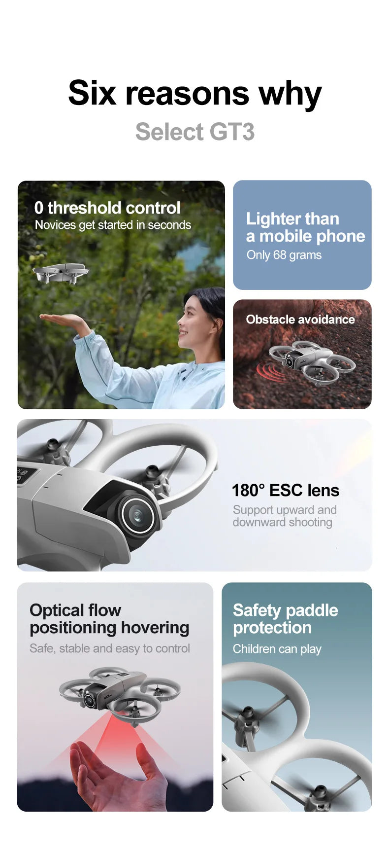 Promotional graphic for a drone product with six reasons to select GT3 model.