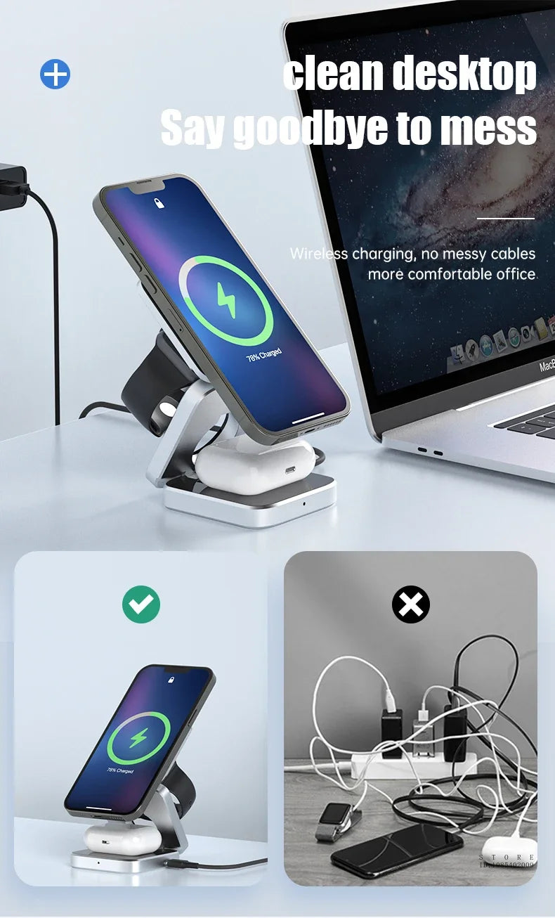 Wireless charging stand with smartphone, laptop, and earbuds on a clean desk.