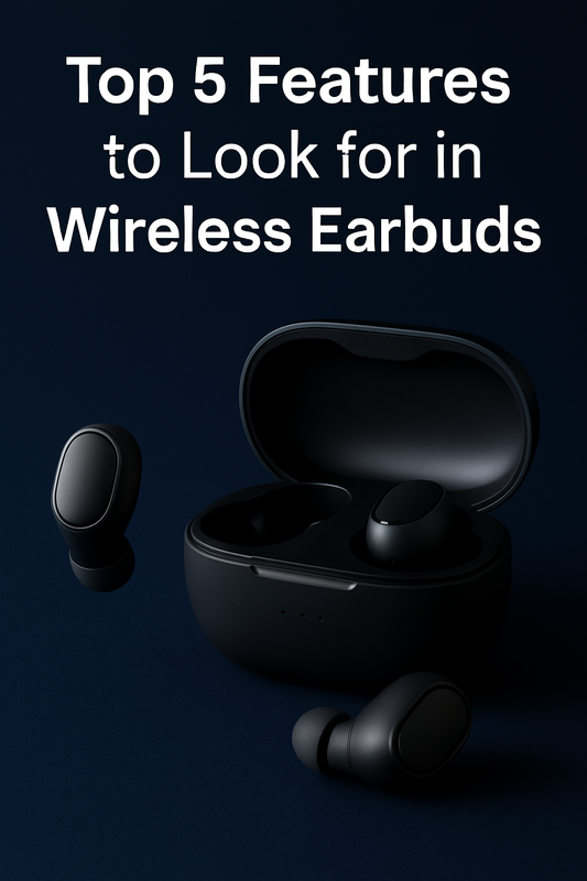 A pair of modern wireless earbuds displayed alongside their charging case, showcasing sleek and minimalist design