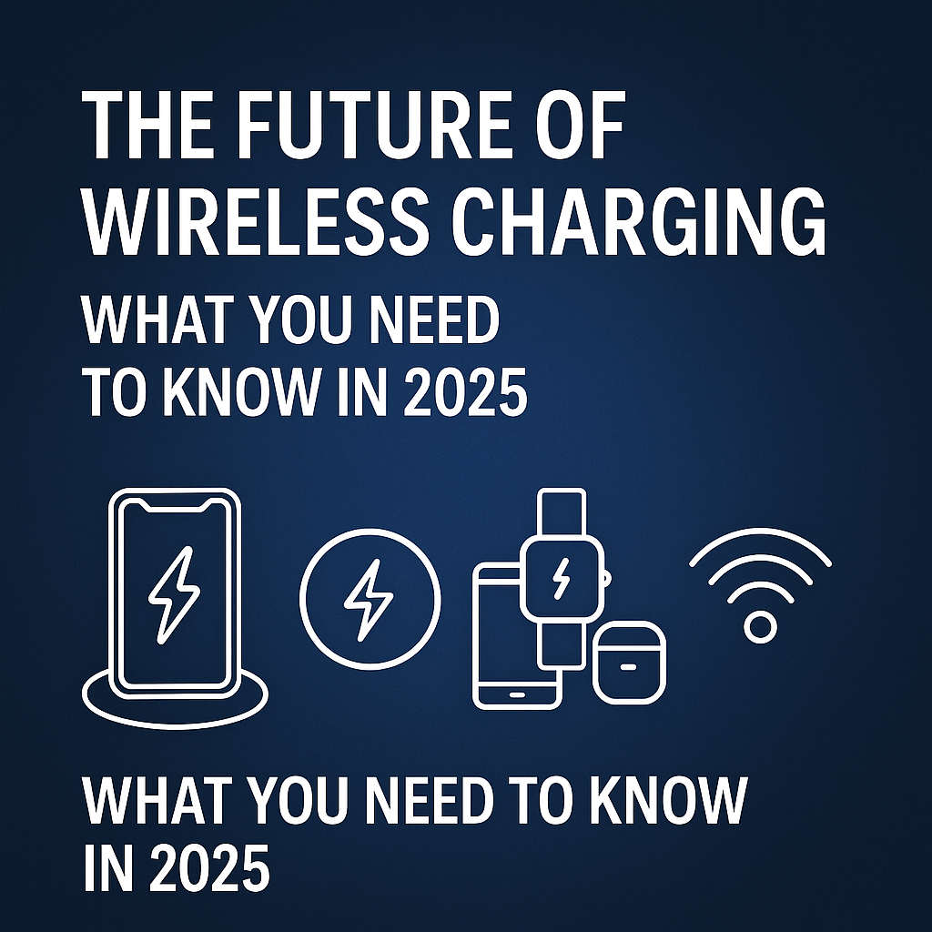 Futuristic wireless charging concept 2025 — sleek 3-in-1 charging dock powering smartphone, smartwatch, and earbuds with modern glowing icons.