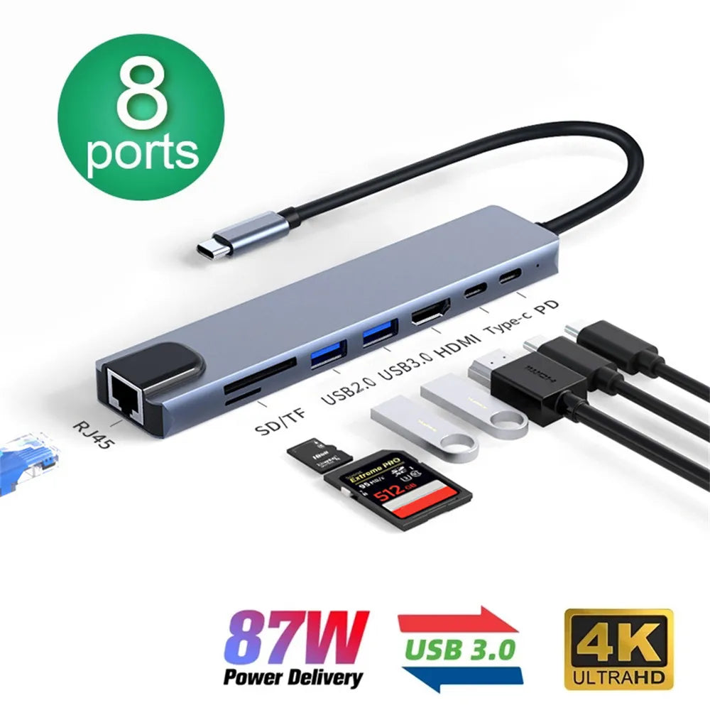 8-in-1 USB-C hub with HDMI 4K, USB 3.0, SD/TF card reader, RJ45 Ethernet, and 87W power delivery
