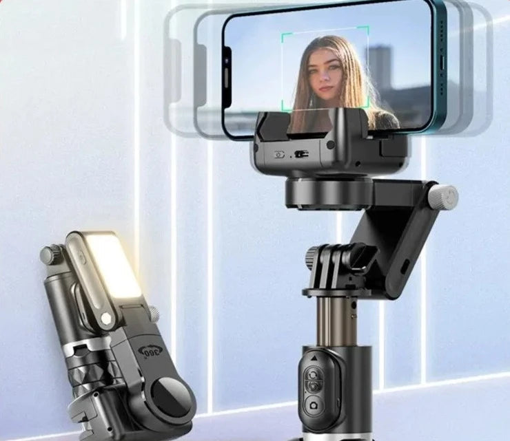 3-in-1 selfie stick tripod with gimbal stabilizer and LED light – foldable design for stable smartphone photography and video recording