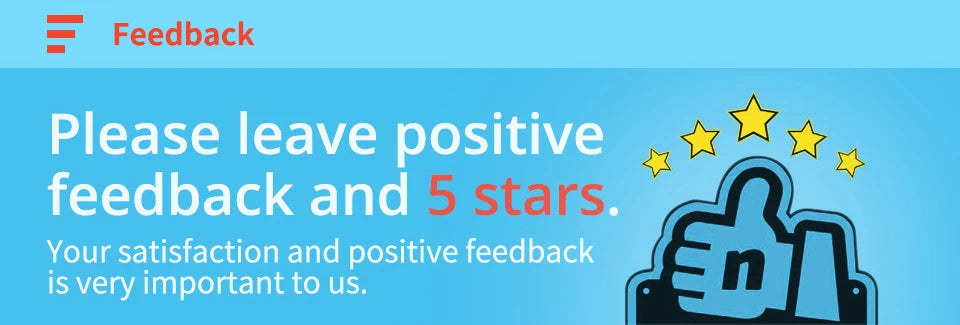Call to action for leaving positive feedback with a thumbs up icon and five stars on a blue background