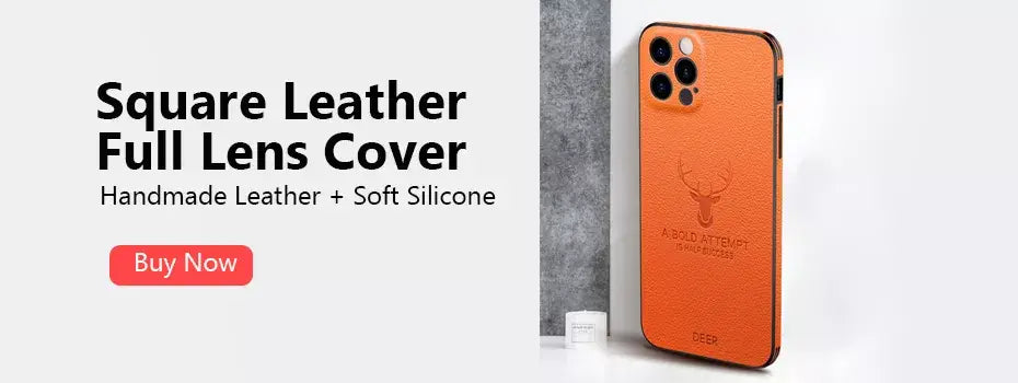 Orange phone case with deer emblem on a white background, featuring text about product features and a 'Buy Now' button
