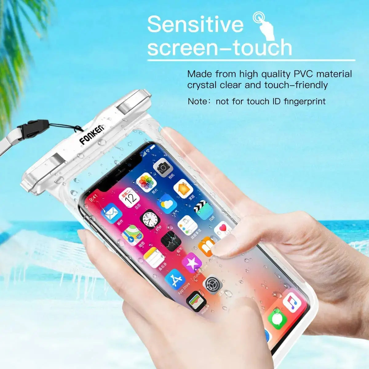 Phone with a transparent FONKEN waterproof case held by a hand, on a blue background with text about screen touch and material quality
