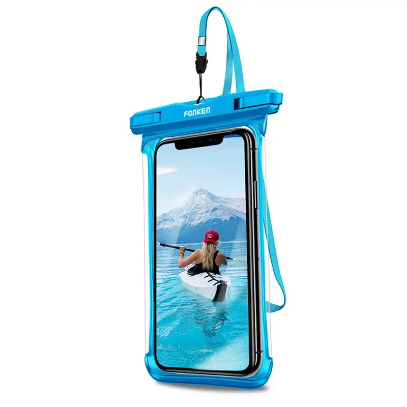 Blue FONKEN waterproof phone case with a phone displaying a kayaker in water on a white background
