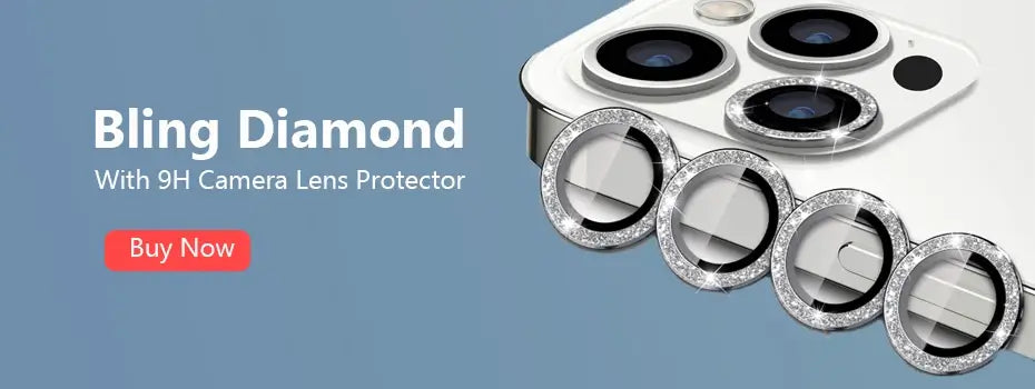 Bling diamond camera lens protector for an iPhone on a blue background
