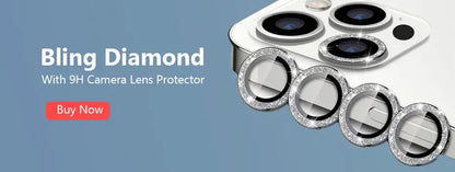 Bling diamond camera lens protector for an iPhone on a blue background
