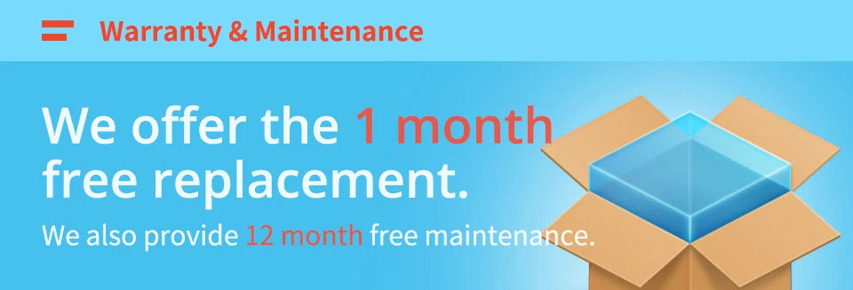 Promotional banner about warranty and maintenance with a cardboard box and blue cube on a light blue background.