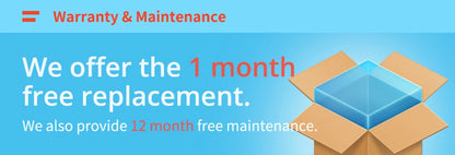 Promotional banner about warranty and maintenance with a cardboard box and blue cube on a light blue background.