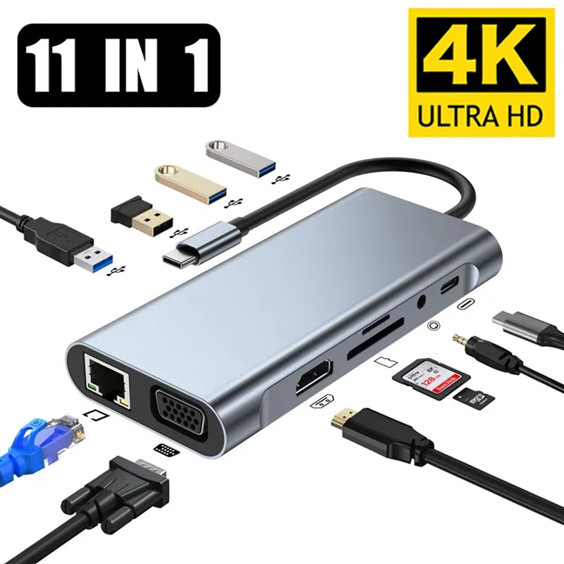Premium USB C Hub for MacBook Air/Pro &amp; PC | 11 Ports Dock with HDMI, RJ45, PD, TF, SD, AUX, USB 3.0 Splitter