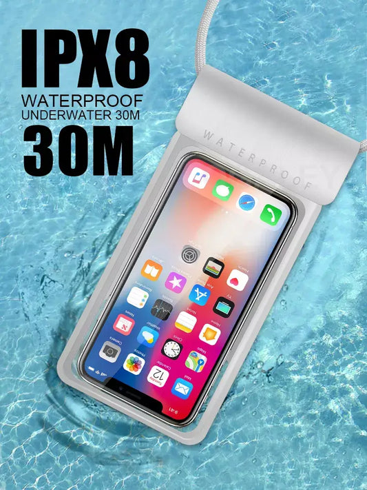 Waterproof phone case with smartphone displaying app icons on a water background, featuring IPX8 certification

