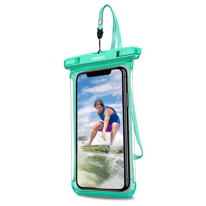 Teal FONKEN waterproof phone case with strap, displaying a person water skiing on screen
