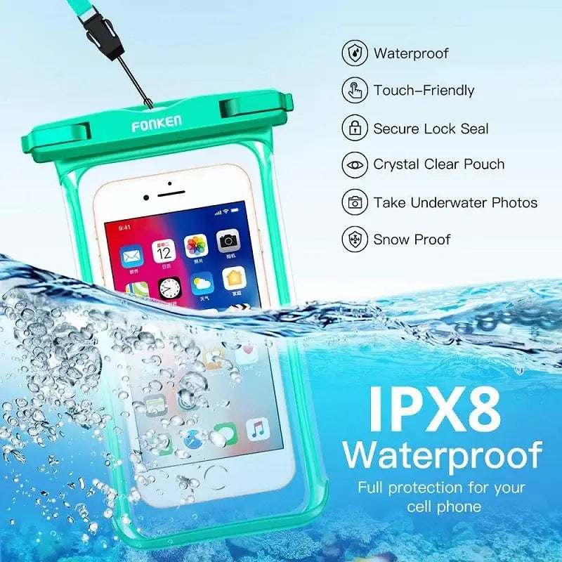 FONKEN waterproof phone case with smartphone inside, surrounded by water droplets on a light blue background
