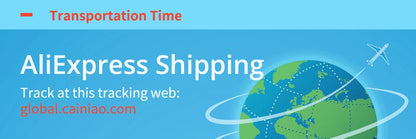 Advertisement for AliExpress shipping with a globe graphic and tracking information on a blue background.