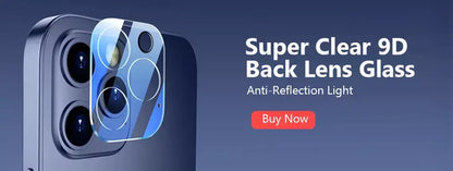 Smartphone with 9D back lens glass protector on a blue background

