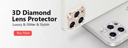 Phone with 3D diamond lens protector on a white background
