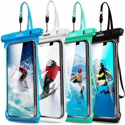 Four FONKEN waterproof phone cases with different designs on a white background
