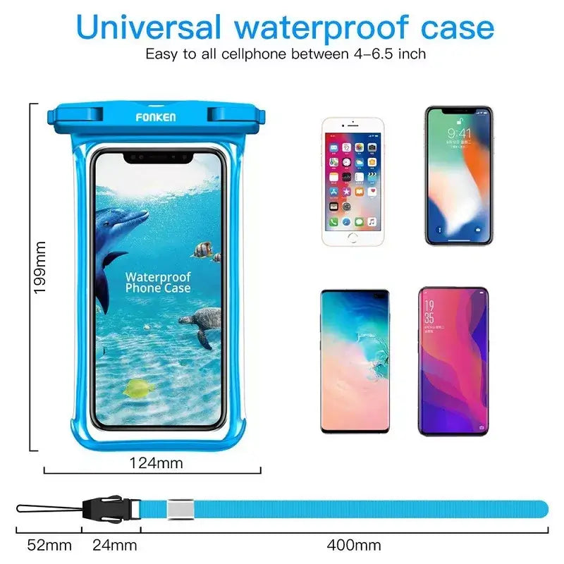 Universal waterproof phone case for smartphones with size dimensions and compatibility details for various phone models
