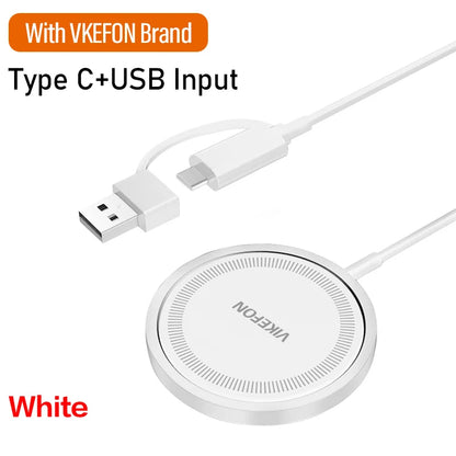 White VKEFON brand magnetic wireless charging pad with slim round design and dual USB plus Type-C input.