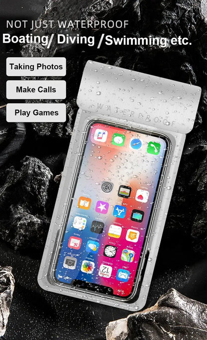 Waterproof phone case with smartphone inside, surrounded by ice on a dark background
