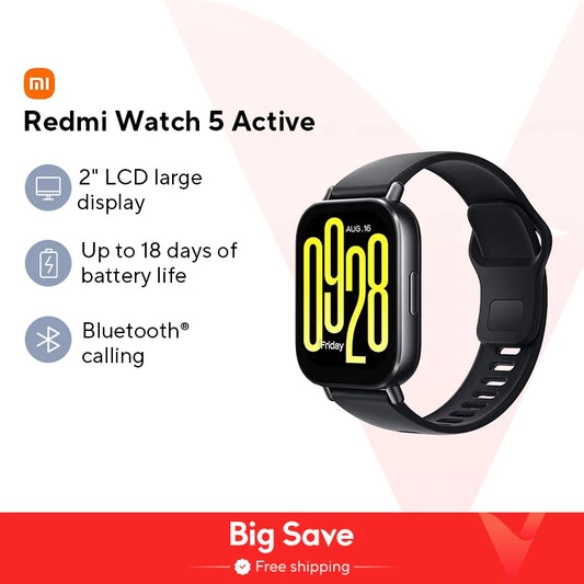 Redmi Watch 5 Active smartwatch with features listed on a white background