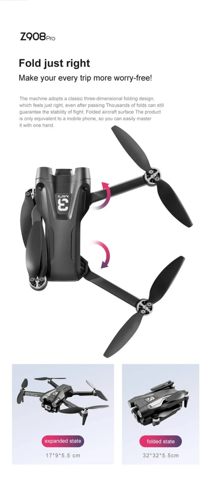 Black drone with folding propellers on a white background, featuring text about its features.
