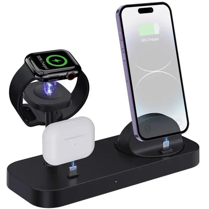 Multi-device charging station with smartphone, smartwatch, and earbuds on a white background