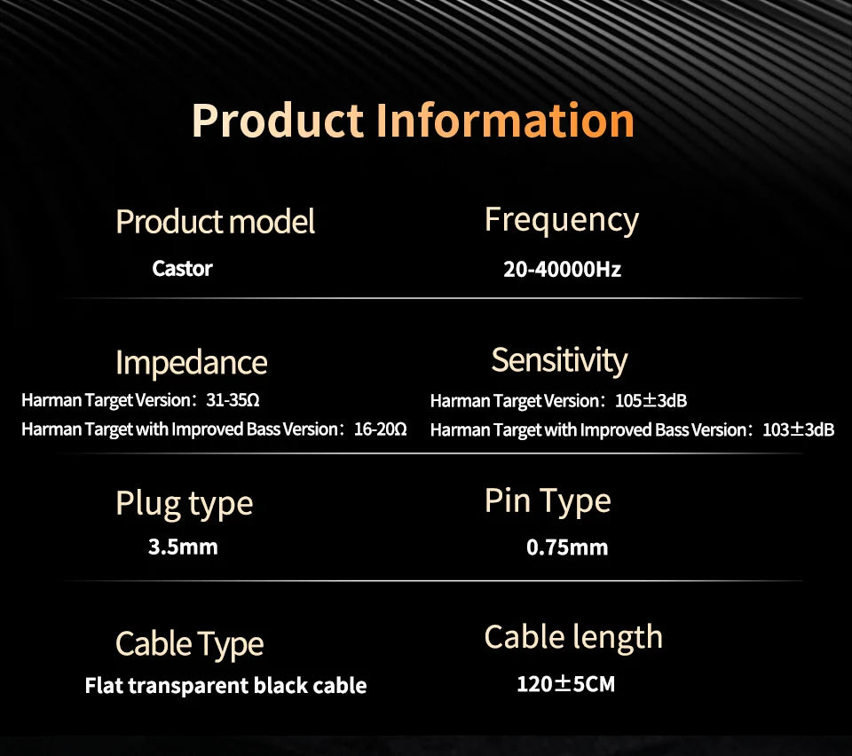 Product information table for a device with technical specifications on a black background