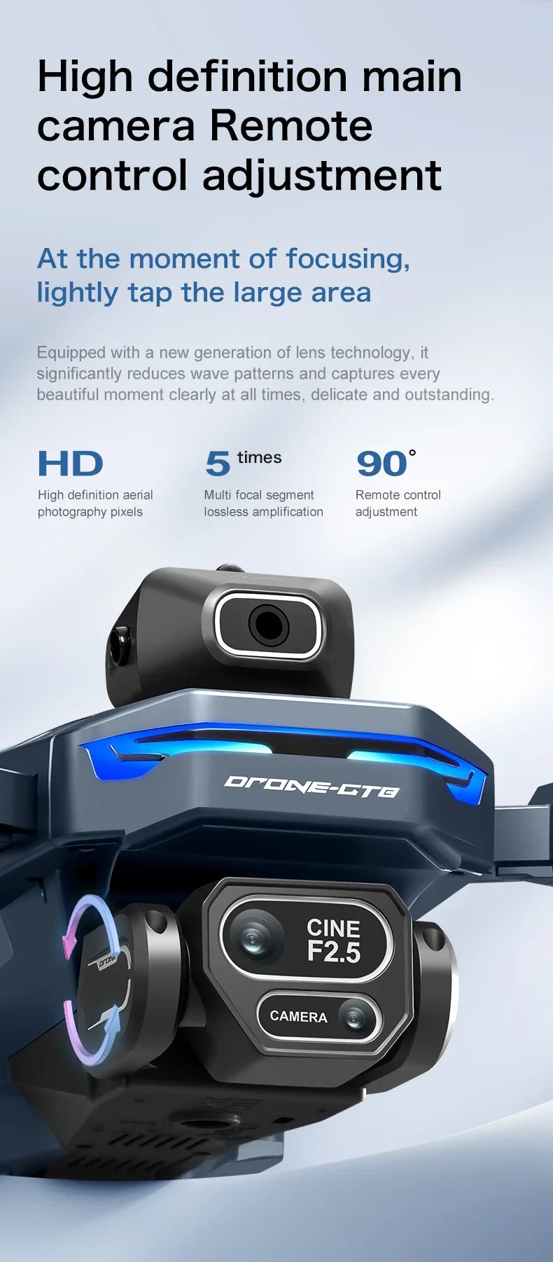 Drone camera with remote control adjustment features on a light gray background