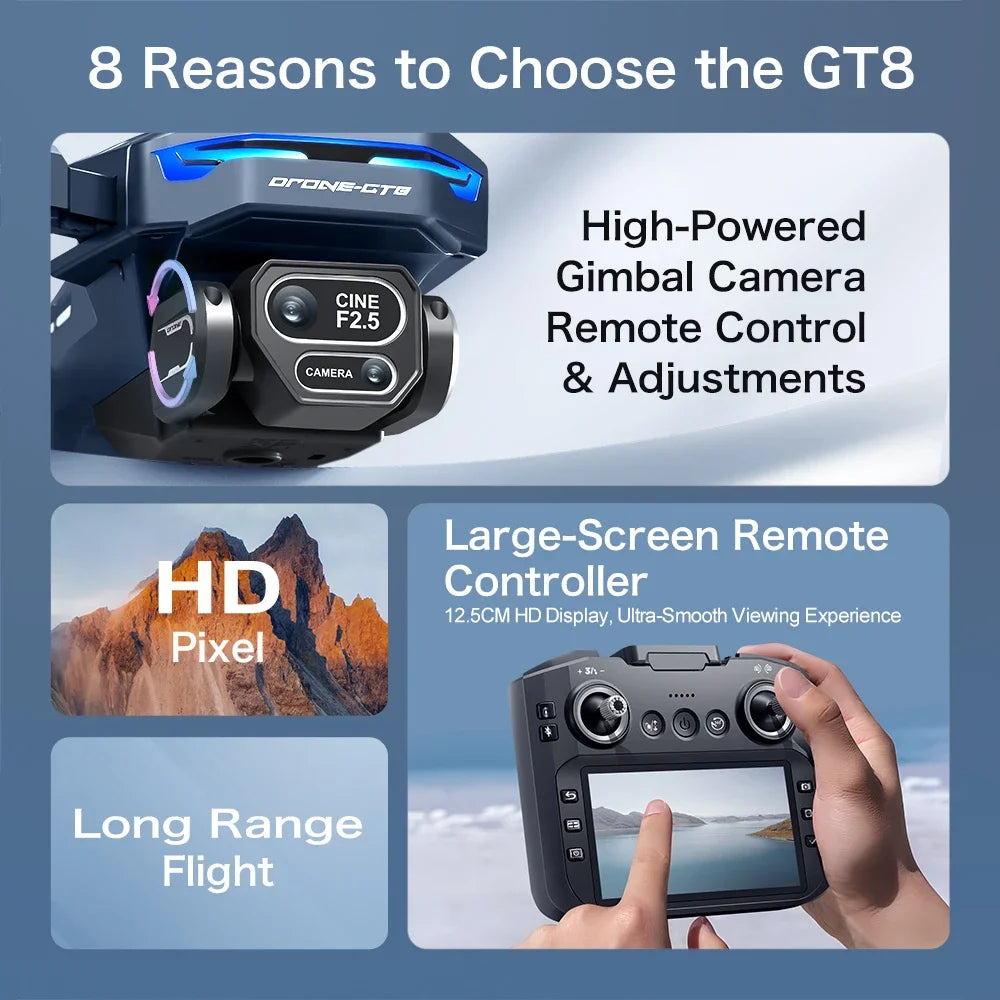 Promotional graphic for the GT8 drone with features listed on a blue background.