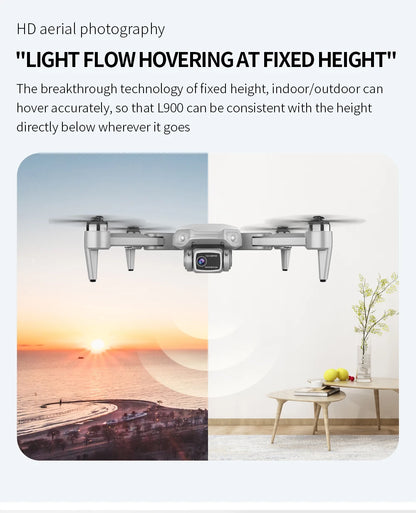 Drone with text about fixed height hovering technology on a scenic and indoor background