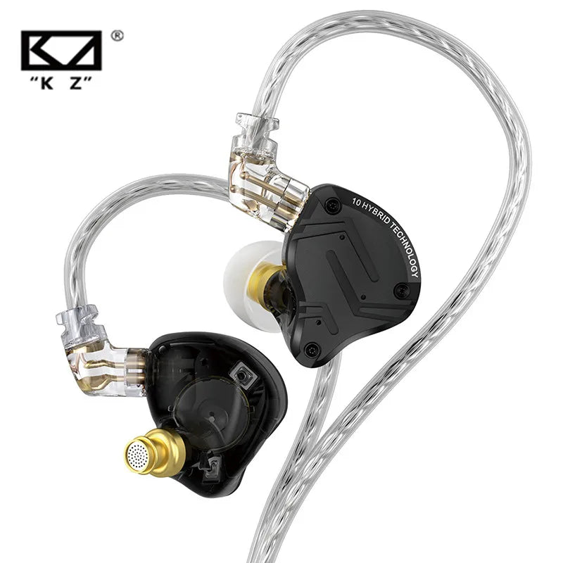 KZ audio earphones with clear cable on a white background