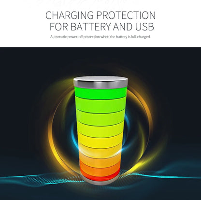 Colorful cylindrical object with gradient design on a dark background, featuring text about battery and USB protection.