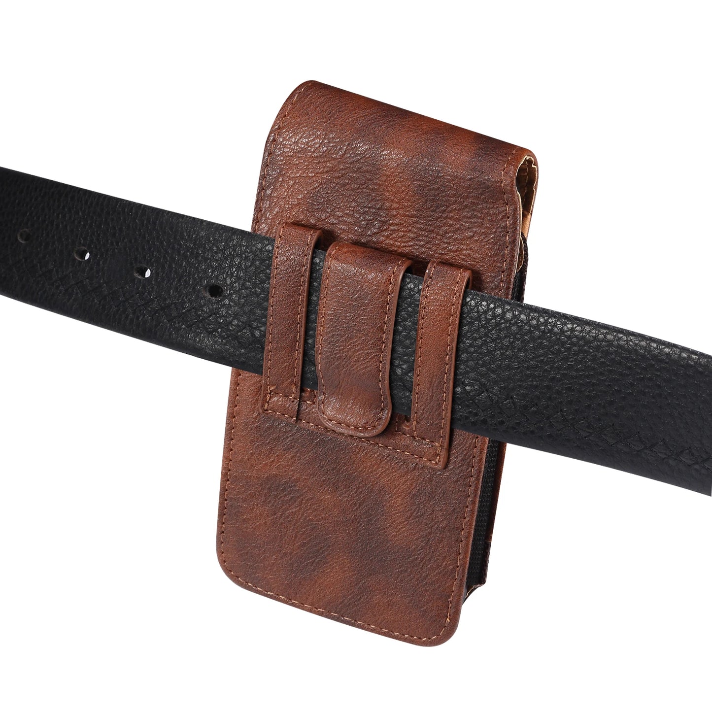 Brown leather belt pouch attached to a black belt on a white background