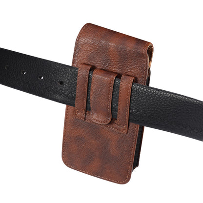 Brown leather belt pouch attached to a black belt on a white background