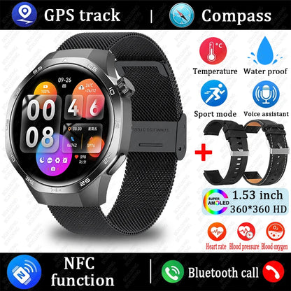 Smartwatch with features like GPS track, compass, temperature, waterproof, sport mode, voice assistant, NFC function, Bluetooth call, heart rate, blood pressure, and blood oxygen on a white background.