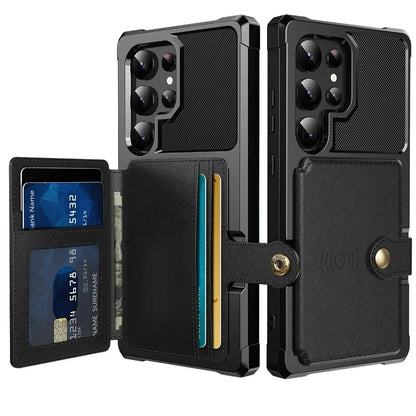 Black phone case with card slots and wallet functions on a white background