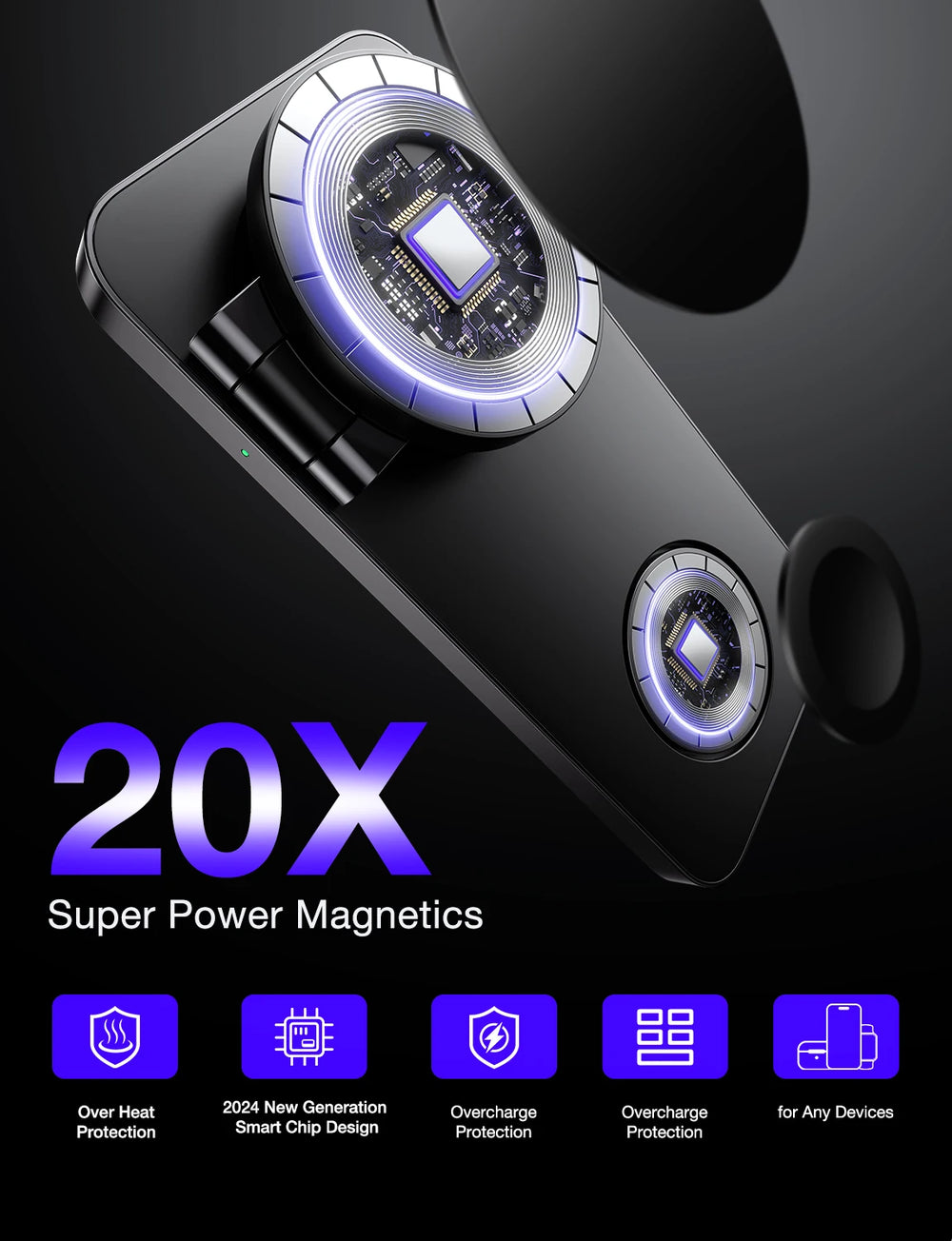 Phone case with super power magnets and features on a dark background