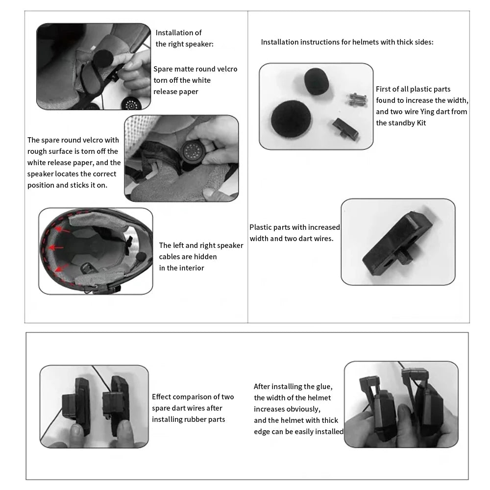 Instructions for installing a helmet with thick sides and spare parts.