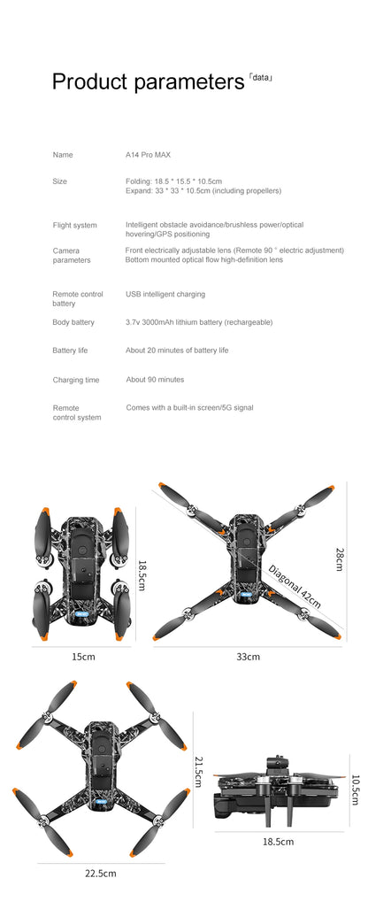 Product parameters of a drone with dimensions and features listed.