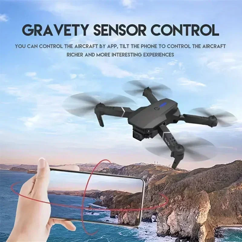 Drone with gravity sensor control feature, shown with a hand holding a phone and a scenic background.