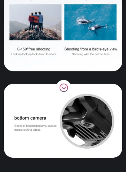 Screen showing camera features with images of people on a mountain and dolphins in the water, along with text about shooting angles.