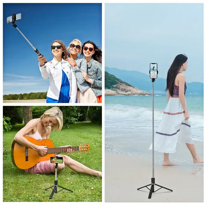 Collage of people using a smartphone selfie stick in various settings.