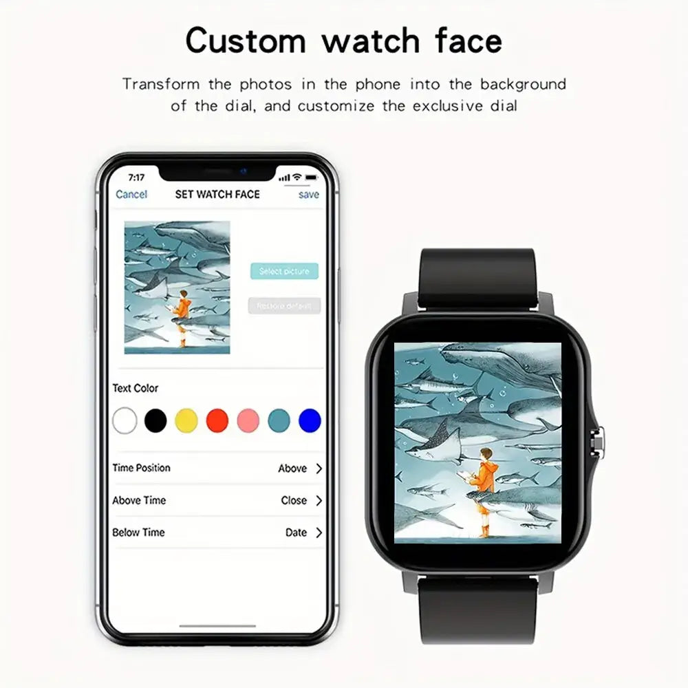 Smartwatch with a custom watch face shown on a smartphone app interface
