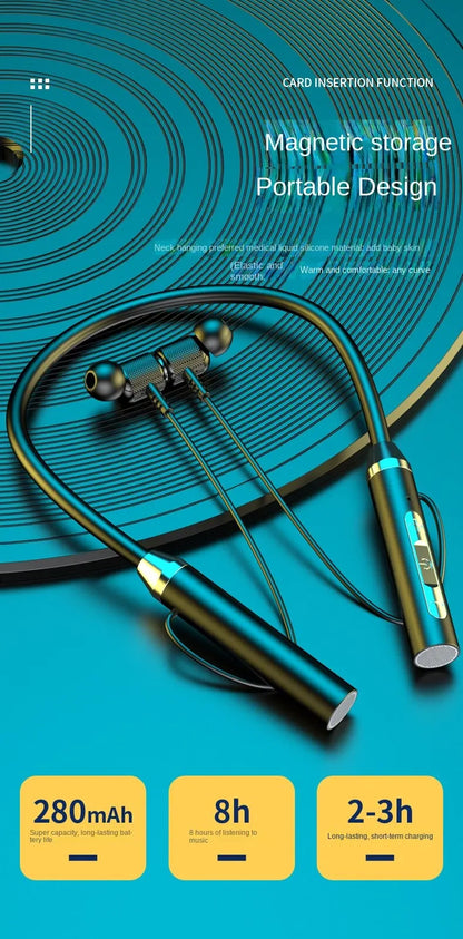 Wireless earbuds with charging cable on a blue background with text and icons.
