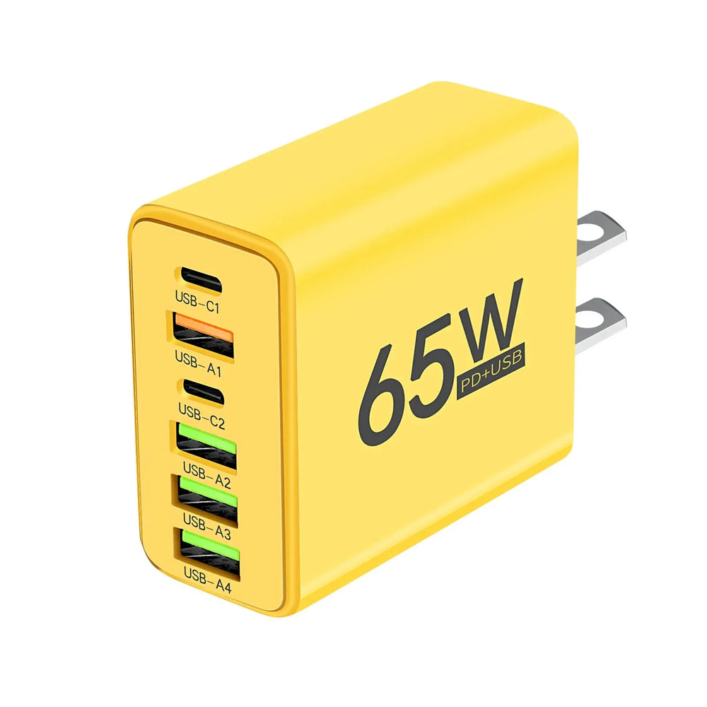Yellow 65W power adapter with multiple USB ports on a white background