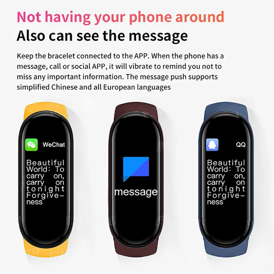 Three smartwatches displaying messages on a white background with text about message notifications.