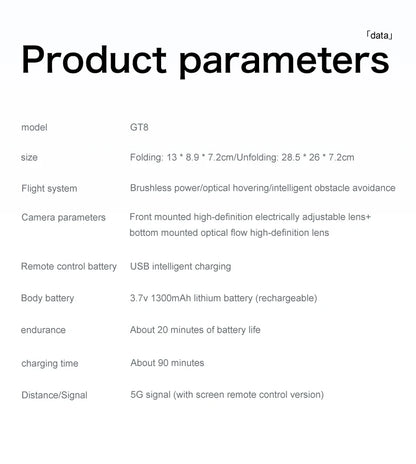Product parameters table for a device model GT8 on a white background